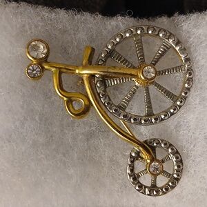 Vintage Gold Tone Penny Farthing Bicycle Brooch Pin with Rhinestones